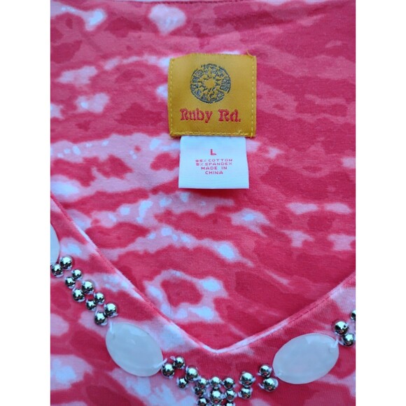 Ruby Rd Tie Die Top Beaded 3/4 Sleeve SZ Large Orange Cotton Stretch Rounded Hem - Picture 7 of 8